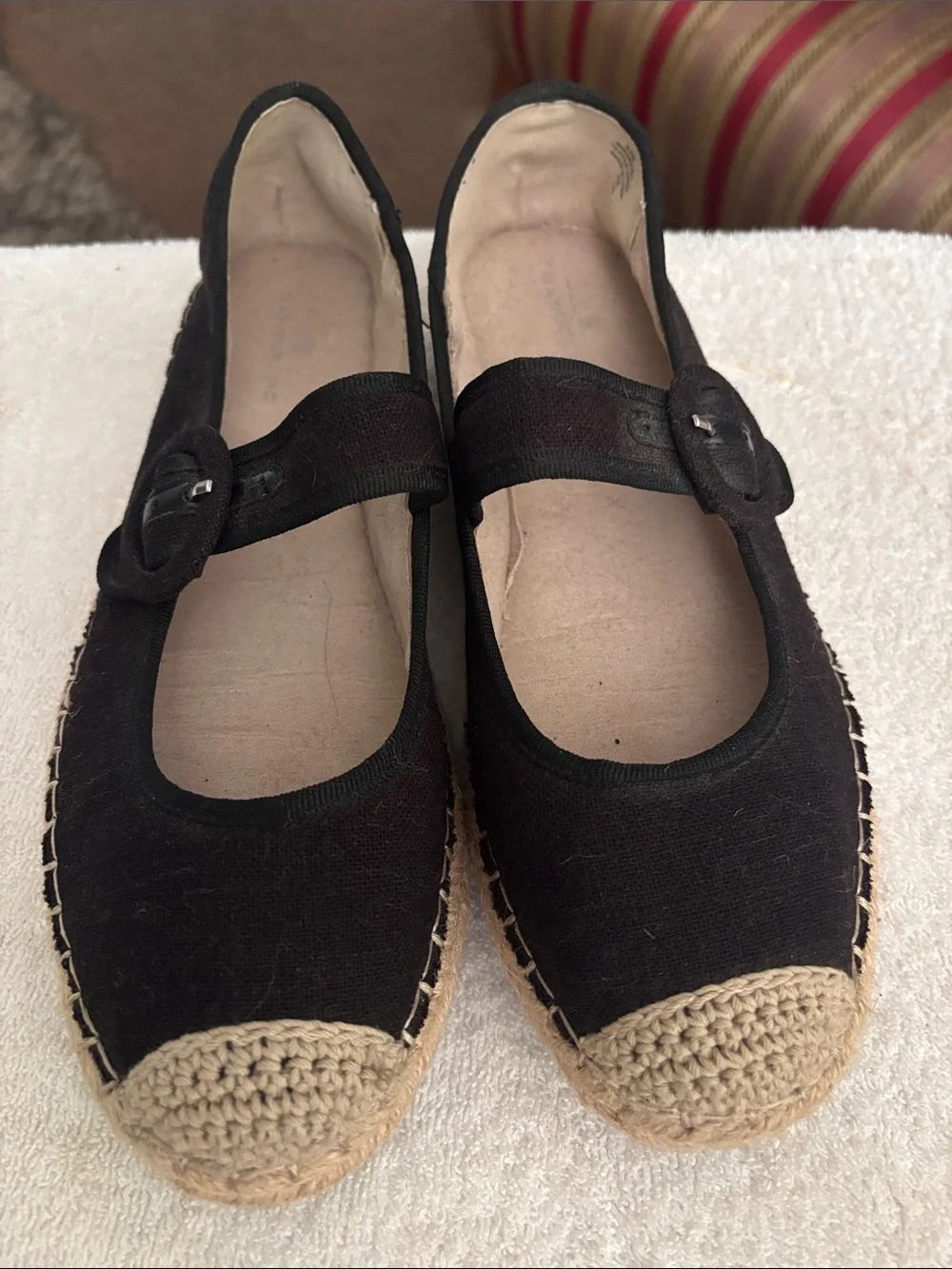 Bandolino Black Mary Jane Espadrille Flats with Natural Toe Cap